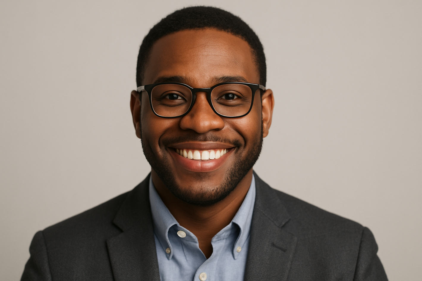 create a black male with glasses smiling and facing to the front